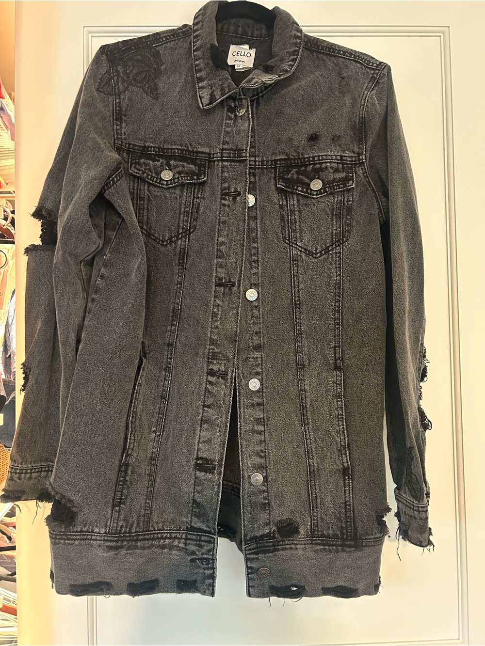 Cello Washed Black Distressed Longline Denim Jacket